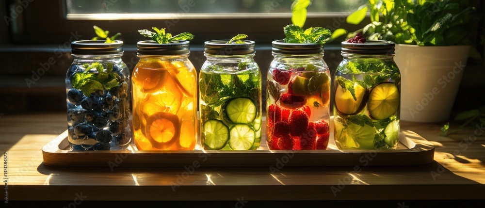 Fresh produce stored in colorful jars on a tray
