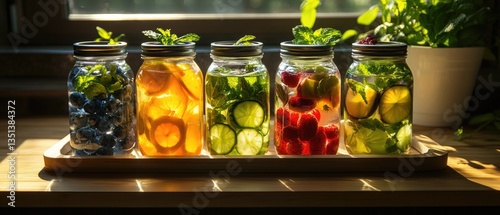 Obraz na płótnie Fresh produce stored in colorful jars on a tray w salonie