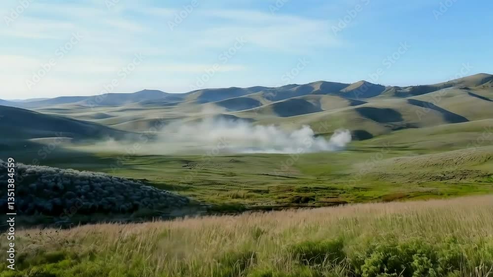 Mountain valley explosion, smoke plume, grassland, sunrise, military training Mountain valley explosion, smoke plume, grassland, sunrise, military training