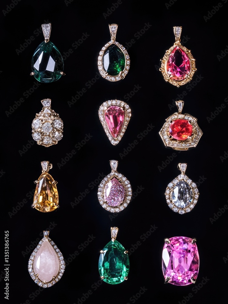 A variety of colorful gemstones and diamonds on display
