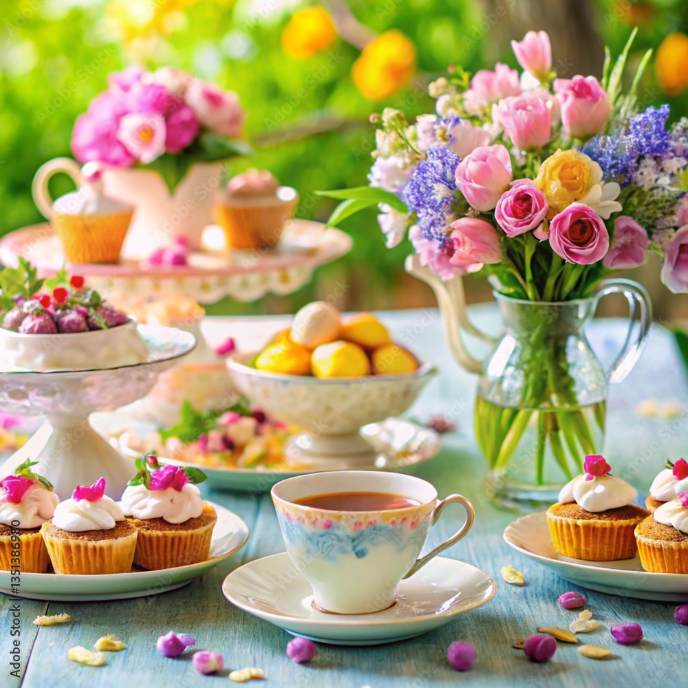 Springtime tea party with colorful pastries and flowers Springtime tea party with colorful pastries and flowers