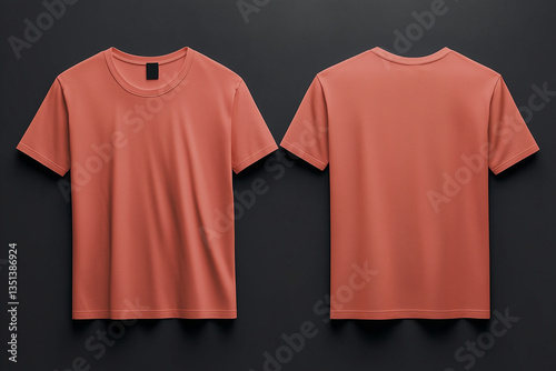 blank t shirt color coralle pink template mockup front and back view red t- shirt on black background, fashion design print clothing