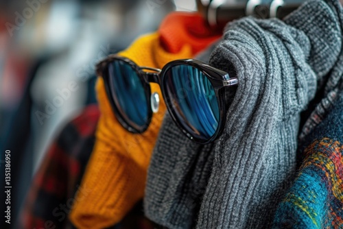 Obraz na płótnie A rack of colorful sweaters and trendy sunglasses displayed for customers to browse w salonie