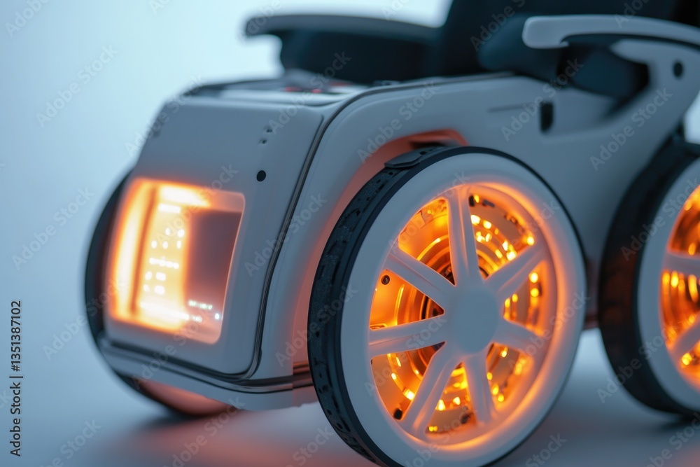 A close-up shot of a wheelchair with colorful lights installed, suitable for use in disability awareness campaigns or as a symbol of accessibility