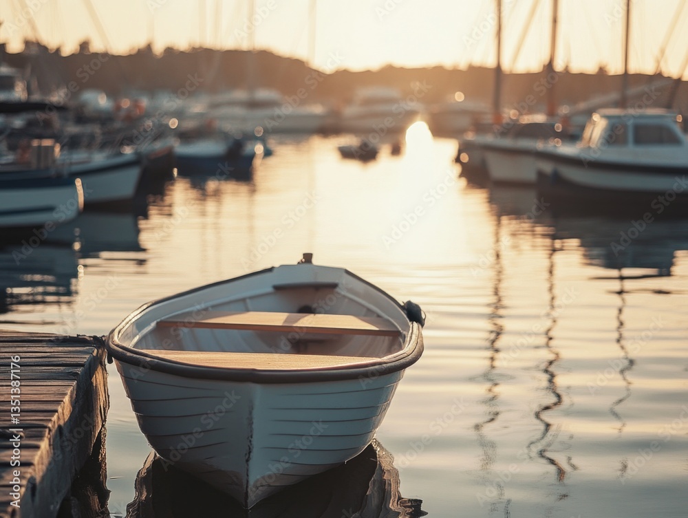A small rowboat sits on the surface of a calm body of water