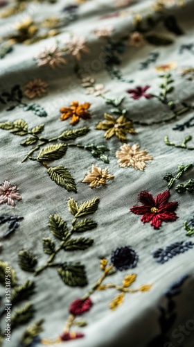 Close-up shot of a tablecloth with a bouquet of flowers