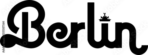 Stylized black typography design for Berlin with unique curves and crown symbol. Modern vector illustration for signage, branding, posters, and promotional materials.
