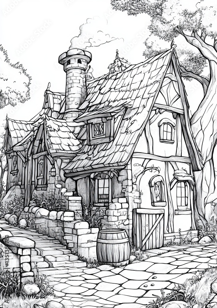 Fototapeta premium Fantasy Village Coloring Pages