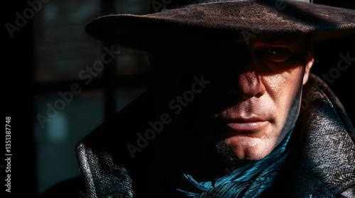 Cinematic noir inspired portrait of a mysterious fedora wearing detective their face obscured by shadows and a pensive brooding expression