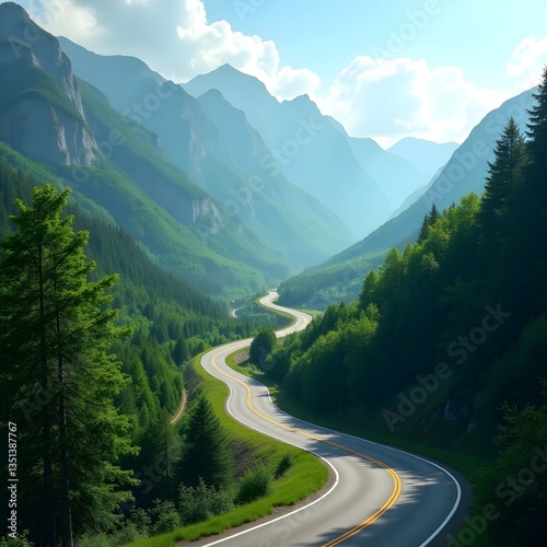 Curvy mountain road with greenery, cut out