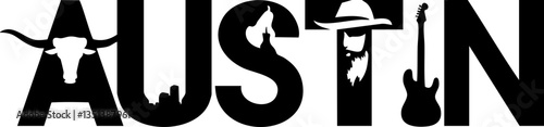 Stylized typography design featuring the word 'AUSTIN' with iconic elements of Texas culture, including a guitar, cowboy hat, and longhorn. Perfect for graphic designs, posters