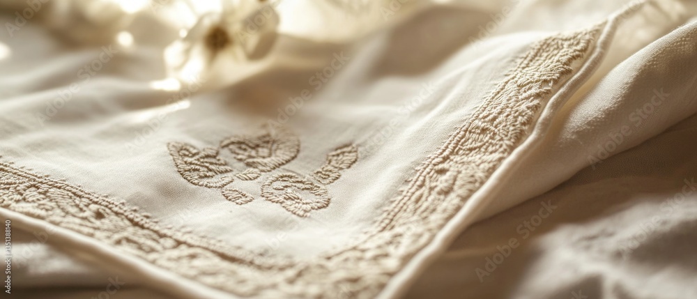 A close-up shot of a white cloth with a beautiful flower embroidered on it