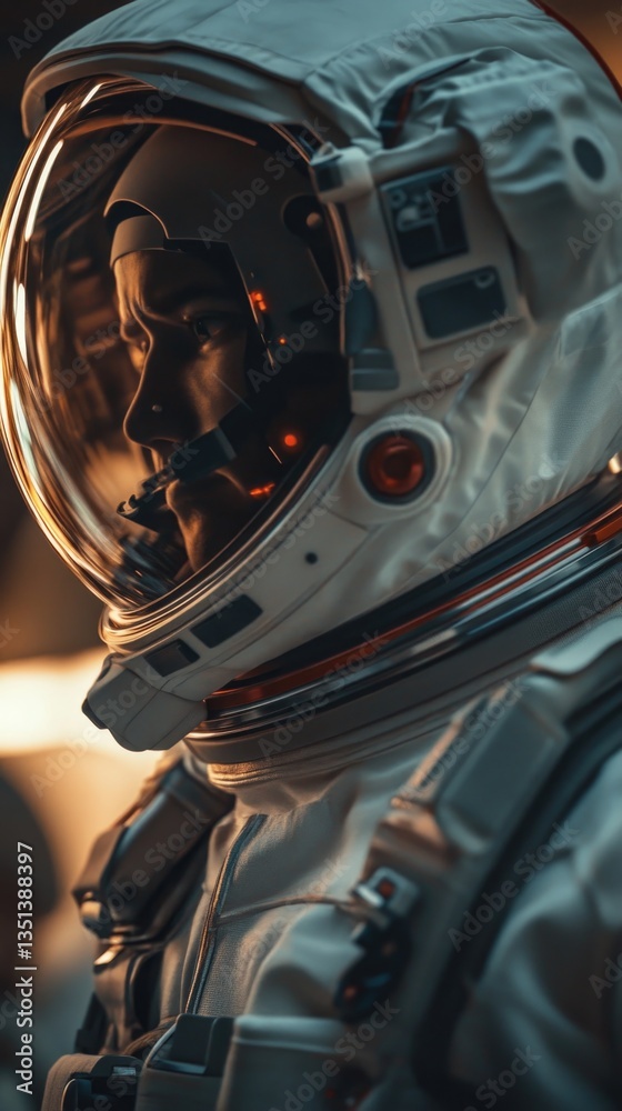 A detailed view of an astronaut's face and helmet in a space suit, ideal for use in sci-fi or educational contexts