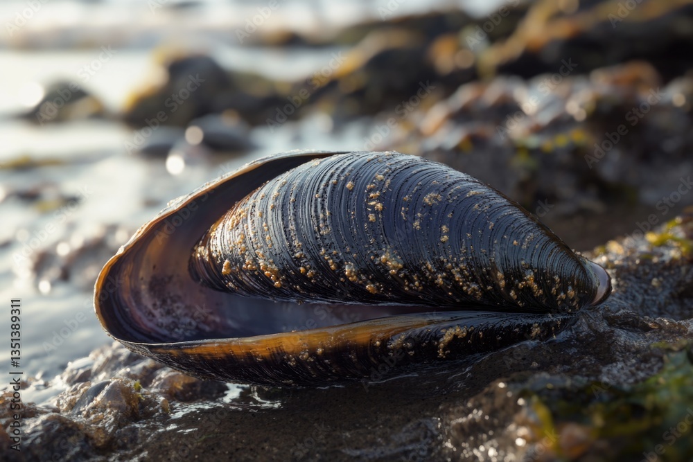 A solitary clam sits on a rocky beach near the ocean, highlighting its natural habitat and textures