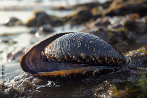Obraz na płótnie A solitary clam sits on a rocky beach near the ocean, highlighting its natural habitat and textures w salonie