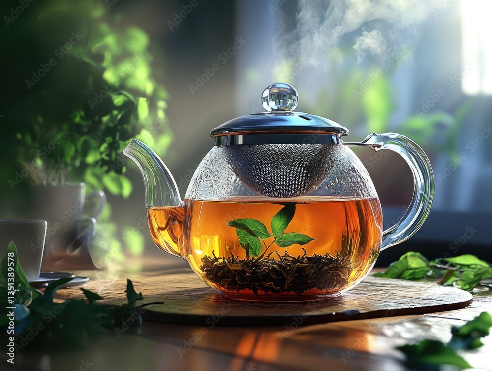 A glass teapot filled with hot tea, sitting on a table