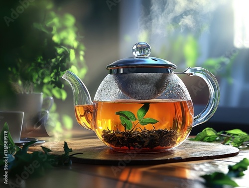 A glass teapot filled with hot tea, sitting on a table