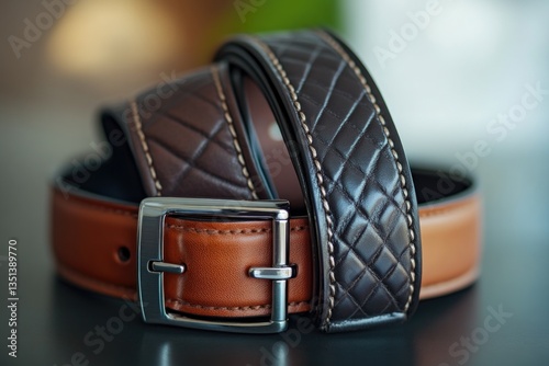 Obraz na płótnie A pair of brown leather belts resting on a table w salonie