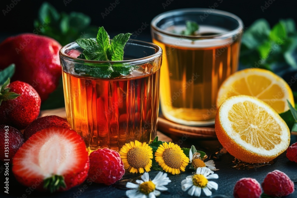 Two glasses of tea infused with fresh strawberries, lemons, and raspberries