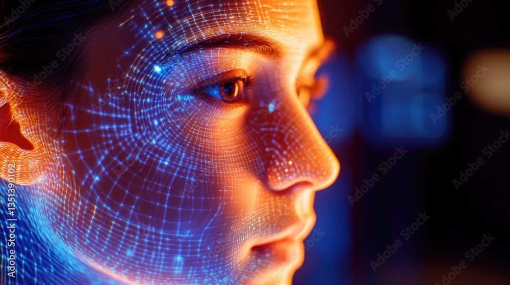 Close up shot of a person's face with futuristic design elements and features