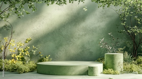 Empty green podium in nature-inspired backdrop for product display