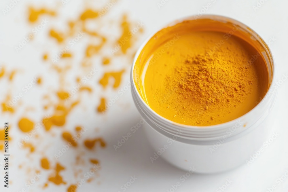A single serving of turmeric powder on a white background, ideal for recipe use or product packaging