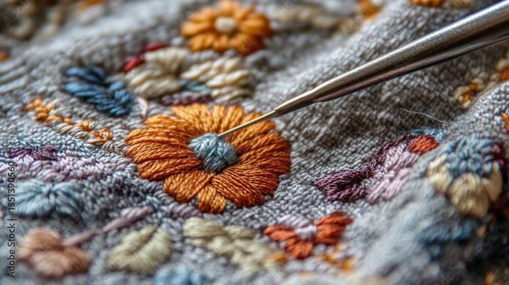 A detailed view of a needle placed on a piece of cloth, ideal for use in textile-related or crafting context