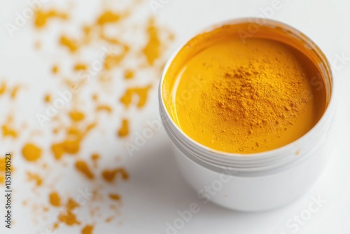 Obraz na płótnie A single serving of turmeric powder on a white background, ideal for recipe use or product packaging w salonie