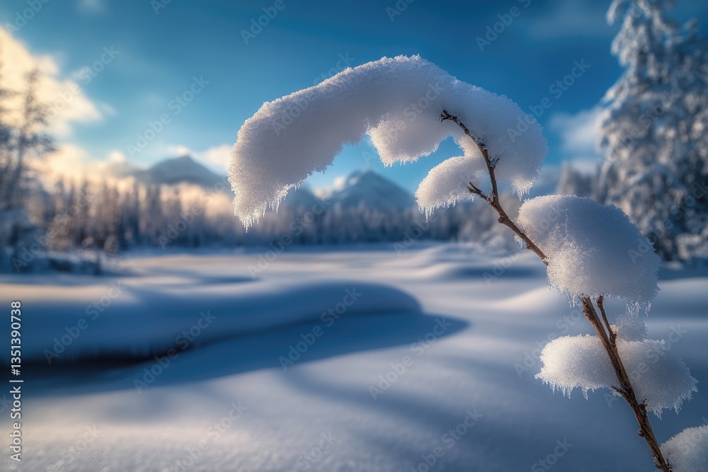 A single snow-covered branch stands out in a vast snowy field, ideal for winter or seasonal designs