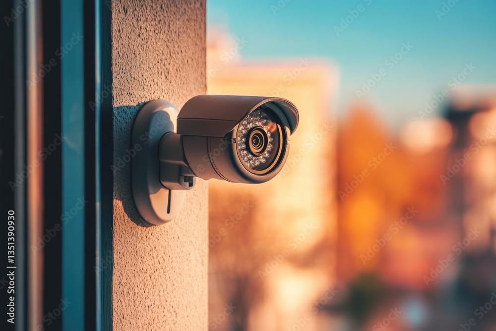 A security camera mounted on the side of a building, useful for surveillance and monitoring purposes