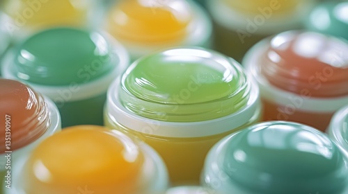 Close-up shot of multiple colored lip glosses, great for beauty and cosmetics advertising
