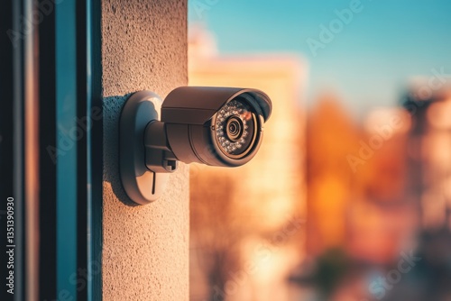 A security camera mounted on the side of a building, useful for surveillance and monitoring purposes