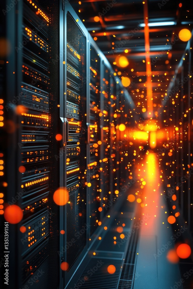 A server room filled with many yellow lights, ideal for technology or data-related concepts