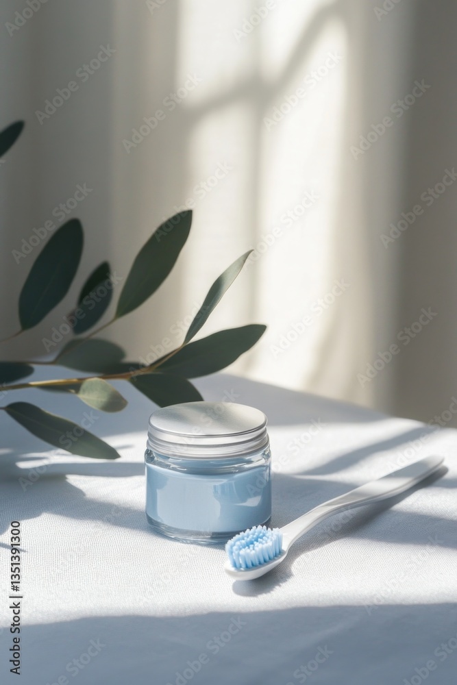 A toothbrush sits next to a jar of toothpaste on a table
