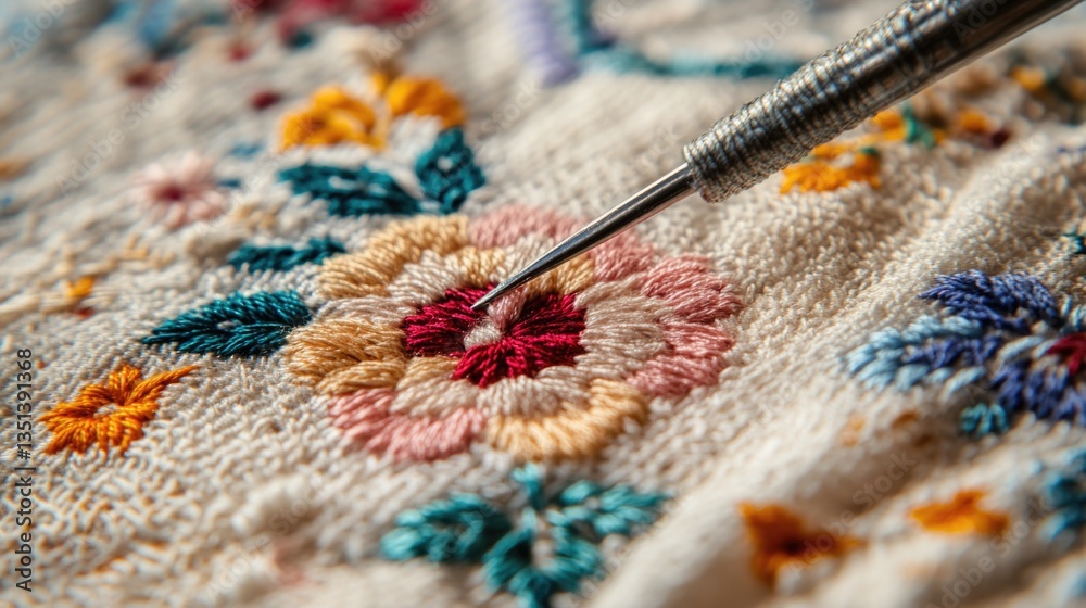 A close-up shot of a needle being used to thread a piece of fabric