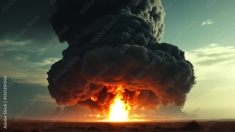 Explosive mushroom cloud rises over desert landscape during a nuclear test simulation event showing powerful effects of atomic detonations Generative AI