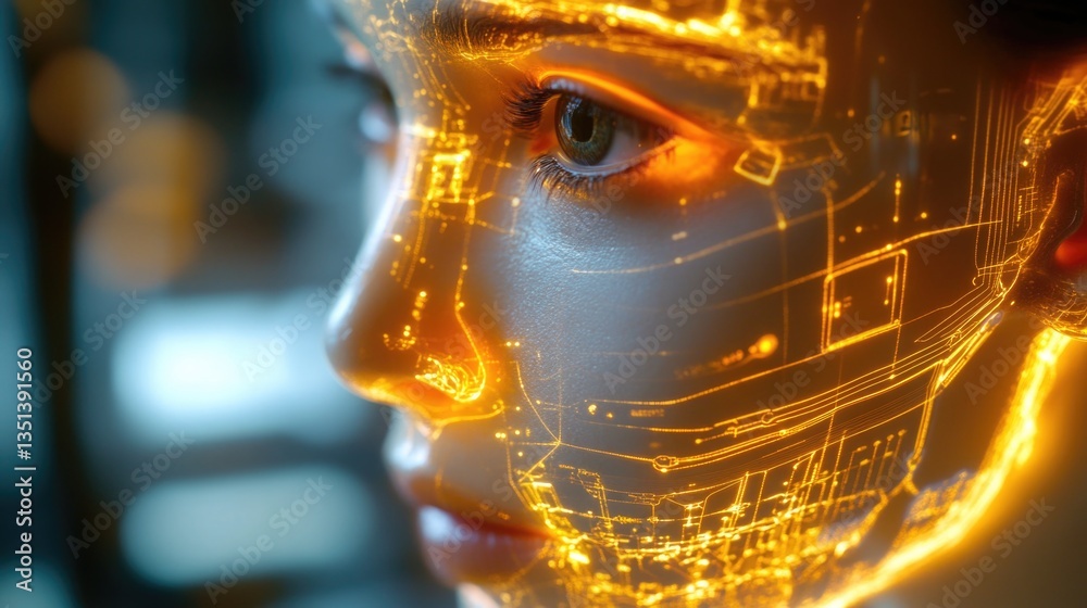 A close-up shot of a person's face with glowing lines and a mysterious aura