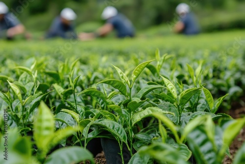 People walking or standing near green tea plants in a lush field, suitable for lifestyle, health, or agriculture-related content