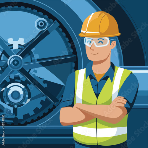 2d vector illustration colorful machine , worker and Industry and its development technology, factories and production lines icon
