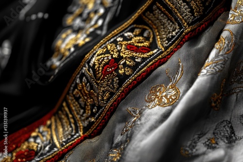 A detailed view of a luxurious black and gold jacket, perfect for formal events or as a fashion statement