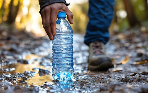 Person Holding Water Bottle Near Stream