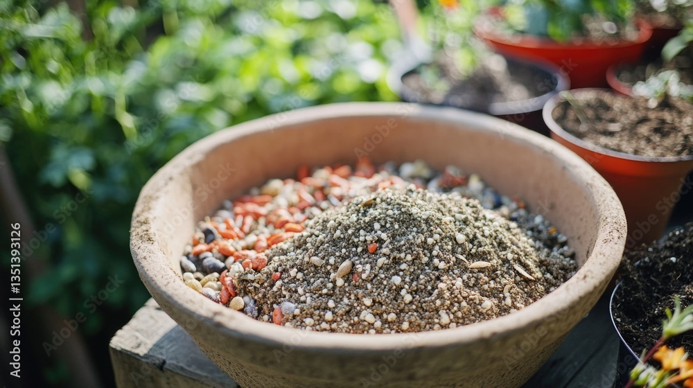 A decorative bowl filled with various seeds and small plants, placed on a table