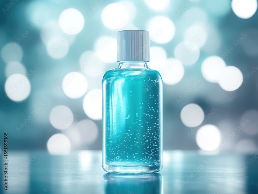 A close-up view of a bottle of liquid on a table