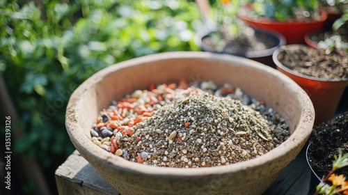 Obraz na płótnie A decorative bowl filled with various seeds and small plants, placed on a table w salonie