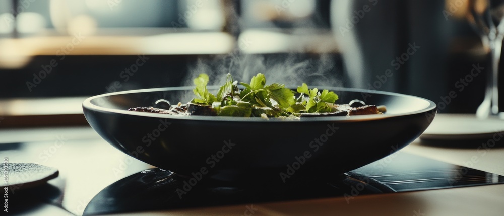 A bowl of food sitting on top of a stove, ready to be served
