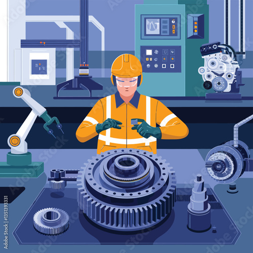 2d vector illustration colorful machine , worker and Industry and its development technology, factories and production lines icon
