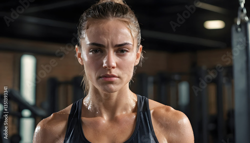 Sweaty wet body muscular a young woman with a focused expression, wearing a black sports top photo