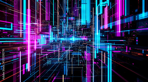 Futuristic Pixel Background – Ultra-HD Digital Distortion – Violet & Electric Blue – Sci-Fi Tech Design. 