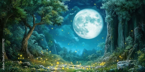 A tranquil nighttime forest landscape featuring a luminous full moon