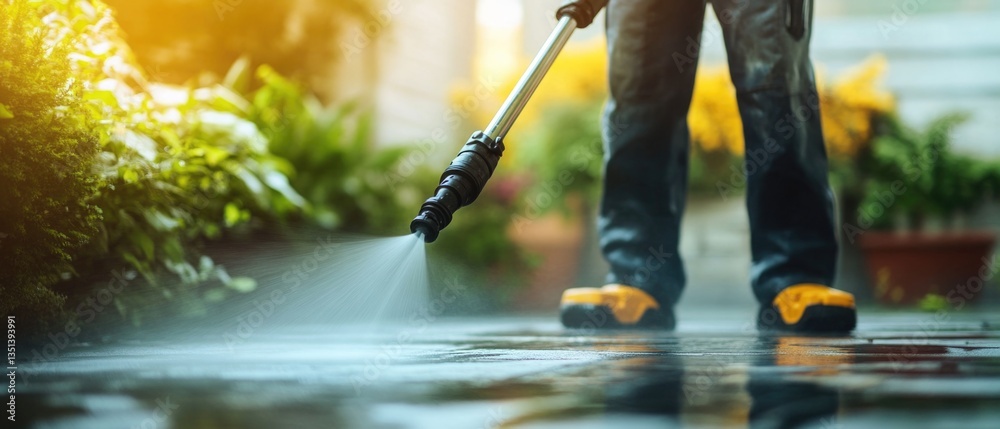 A person cleaning a sidewalk with a pressure washer, great for outdoor or maintenance themes